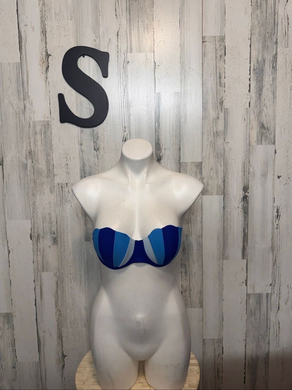 Blue Colorblock Scalloped Strapless Bikini Top Swimsuit Womens Small Push Up